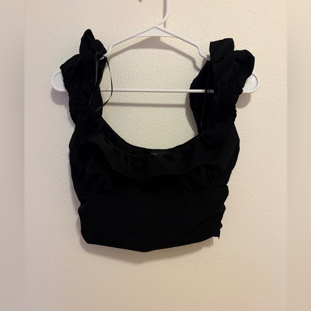 Zara Women Black Ruffle Scoop Neck Crop Tank Top